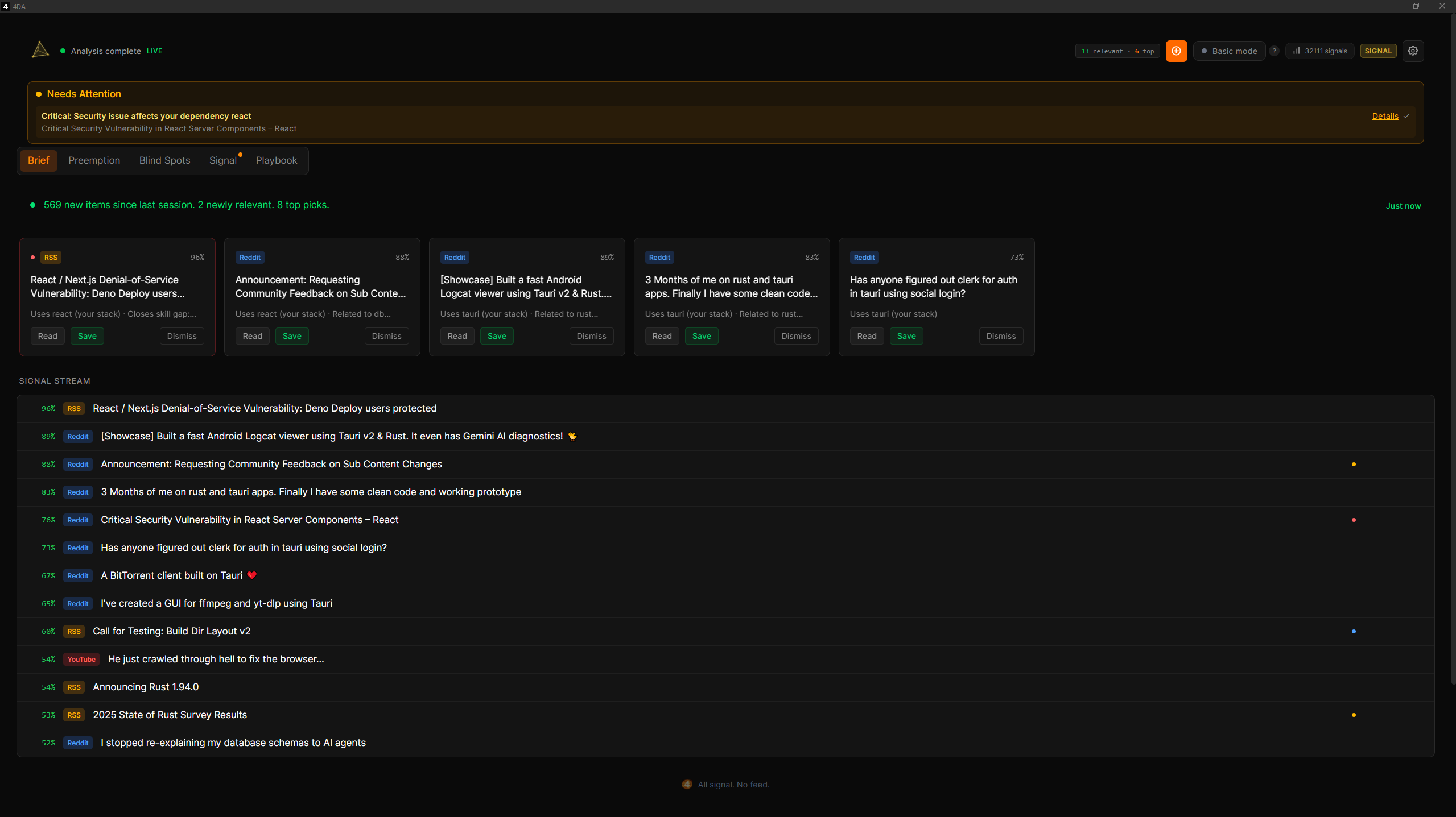 4DA Brief tab showing today's top picks and signal stream