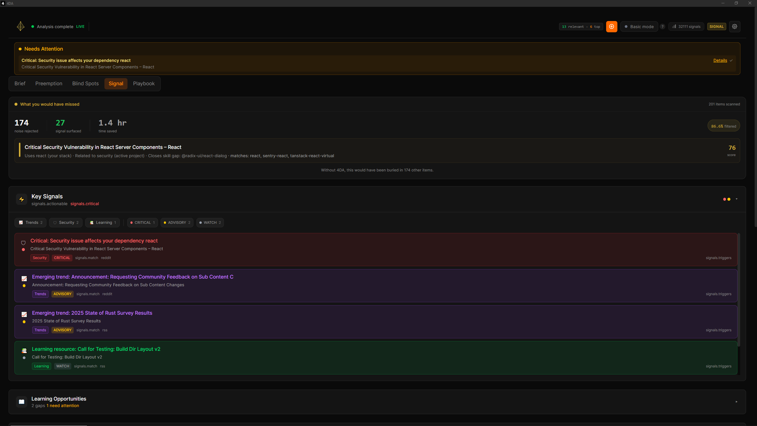 4DA Signal tab — key signals you would have missed
