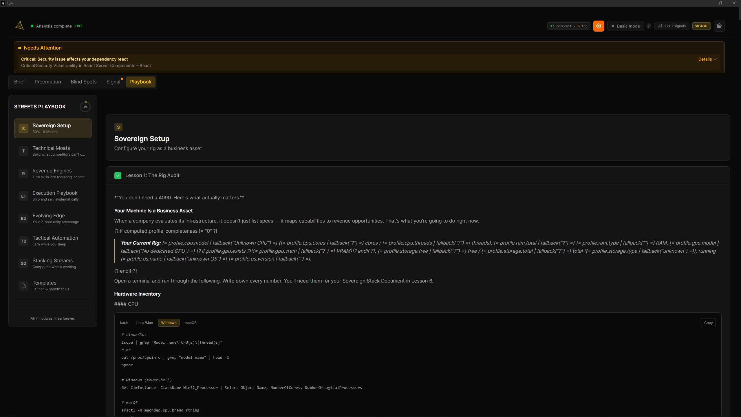 4DA Playbook tab — STREETS sovereignty playbook