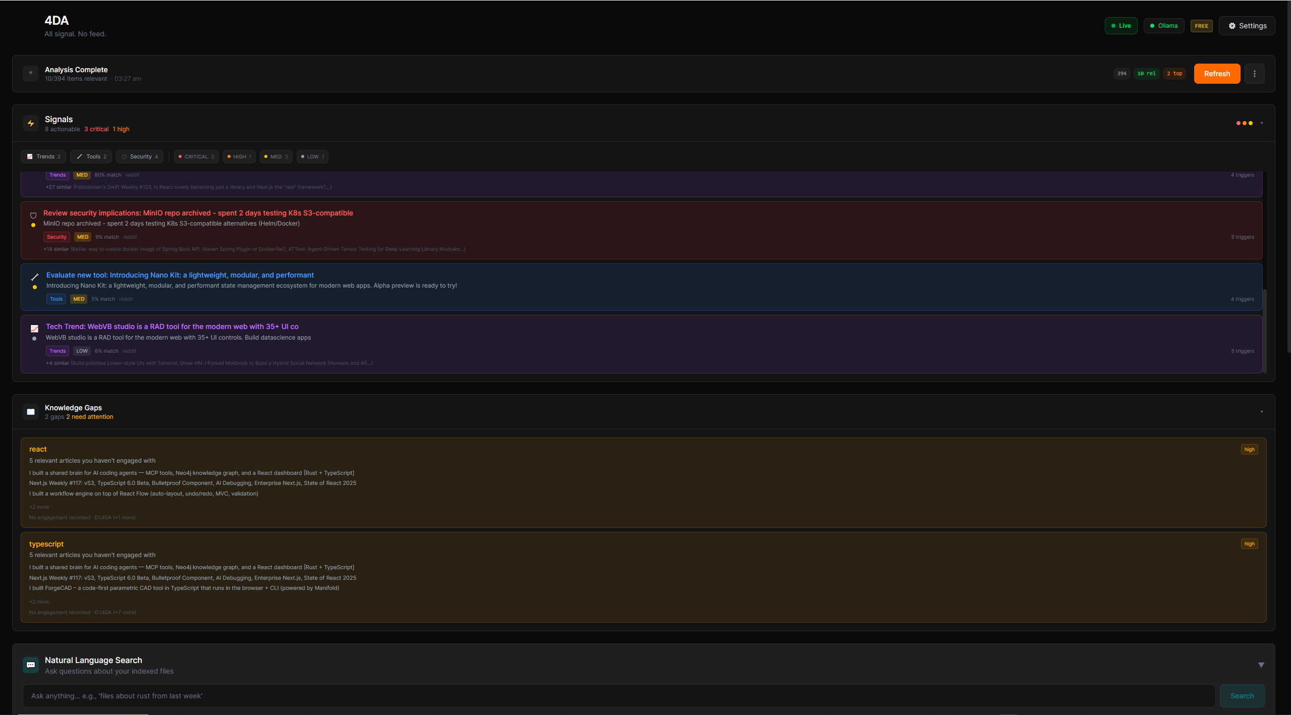 4DA scored feed showing relevance signals